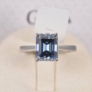Certified Moissanite 4ct Emerald Cut Blue Sapphire Engagement Ring 925 Sterling